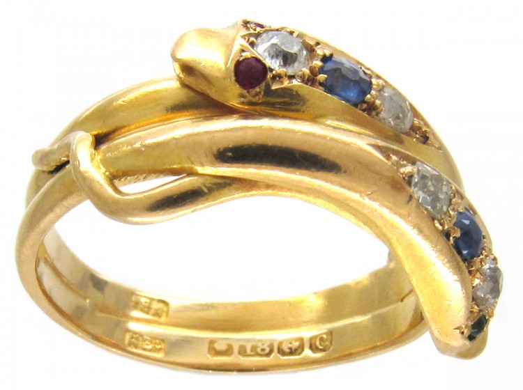 Edwardian 18ct Gold Sapphire Diamond Emerald & Ruby Double Snake Ring