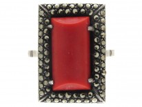 Art Deco Silver, Coral & Marcasite Ring