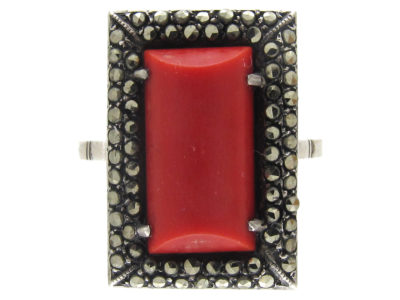 Art Deco Silver, Coral & Marcasite Ring