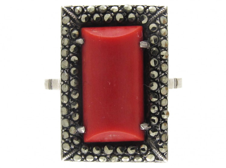 Art Deco Silver, Coral & Marcasite Ring