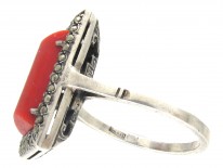 Art Deco Silver, Coral & Marcasite Ring