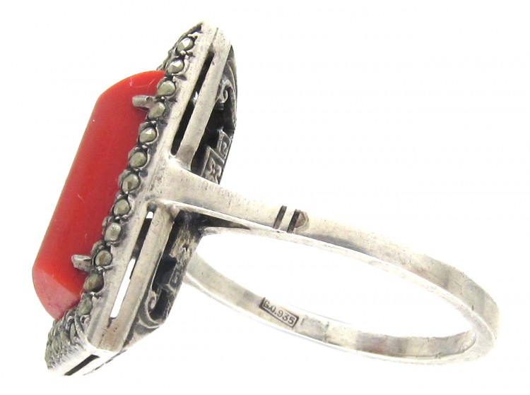 Art Deco Silver, Coral & Marcasite Ring