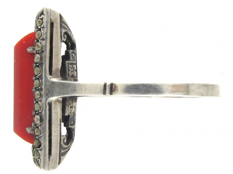 Art Deco Silver, Coral & Marcasite Ring