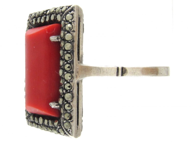 Art Deco Silver, Coral & Marcasite Ring