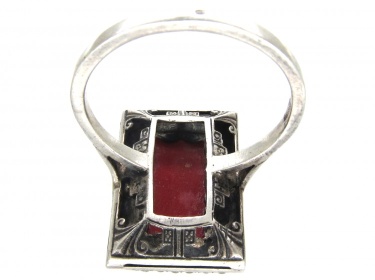 Art Deco Silver, Coral & Marcasite Ring