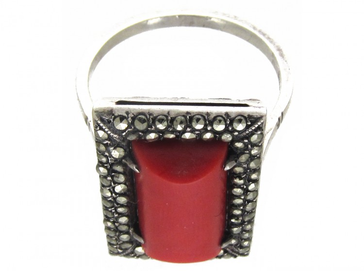 Art Deco Silver, Coral & Marcasite Ring