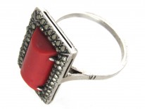 Art Deco Silver, Coral & Marcasite Ring