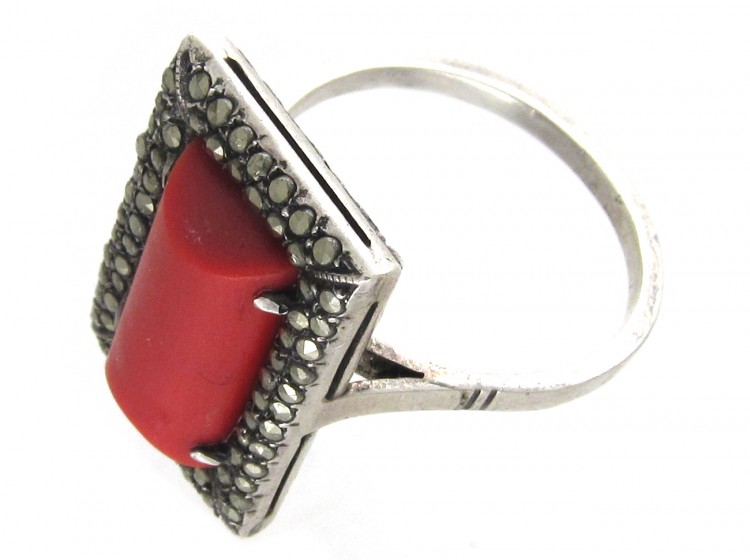 Art Deco Silver, Coral & Marcasite Ring
