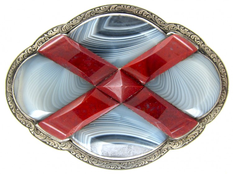 19th Century Scottish Silver, Jasper & Grey Agate Brooch