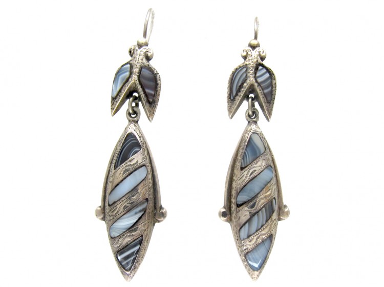 Victorian Scottish Silver & Grey Agate Drop Earrings