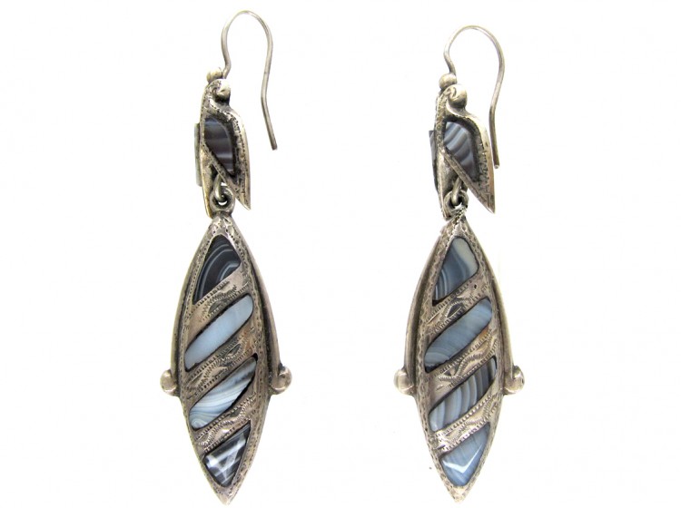 Victorian Scottish Silver & Grey Agate Drop Earrings