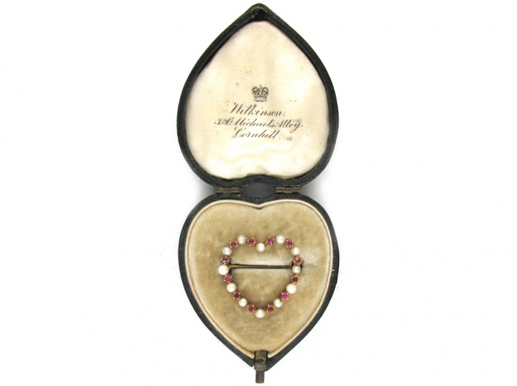 Edwardian Ruby & Pearl Heart Brooch in Original Case