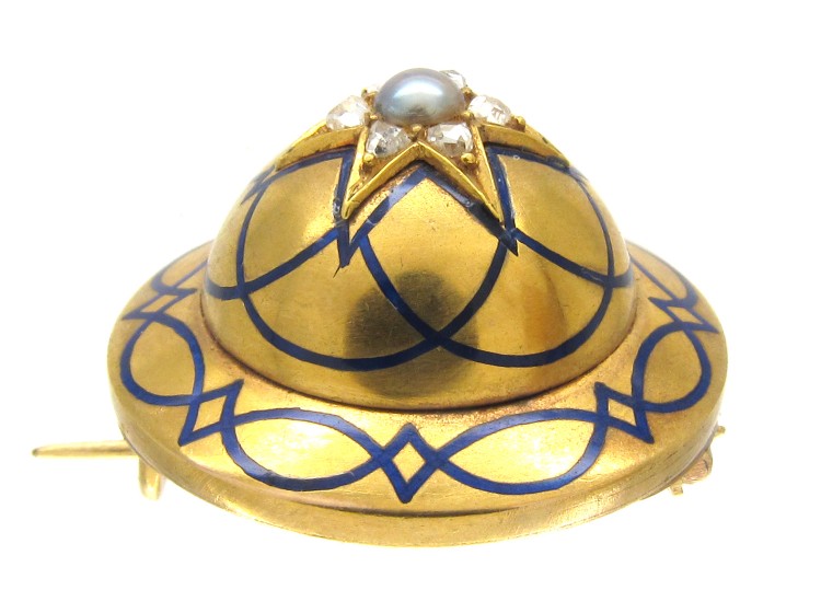 Victorian 18ct Gold Royal Blue Enamel & Diamond Round Brooch