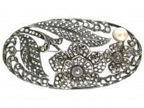 Art Deco Silver & Marcasite Oval Flowers Brooch