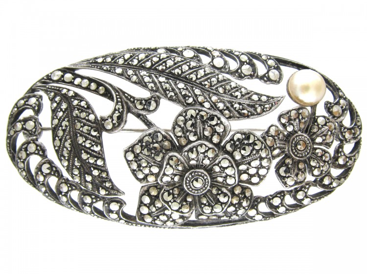 Art Deco Silver & Marcasite Oval Flowers Brooch