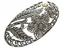 Art Deco Silver & Marcasite Oval Flowers Brooch