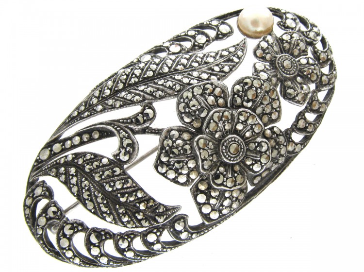 Art Deco Silver & Marcasite Oval Flowers Brooch