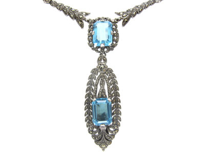 Silver, Marcasite & Blue Paste Clip Pendant on Necklace