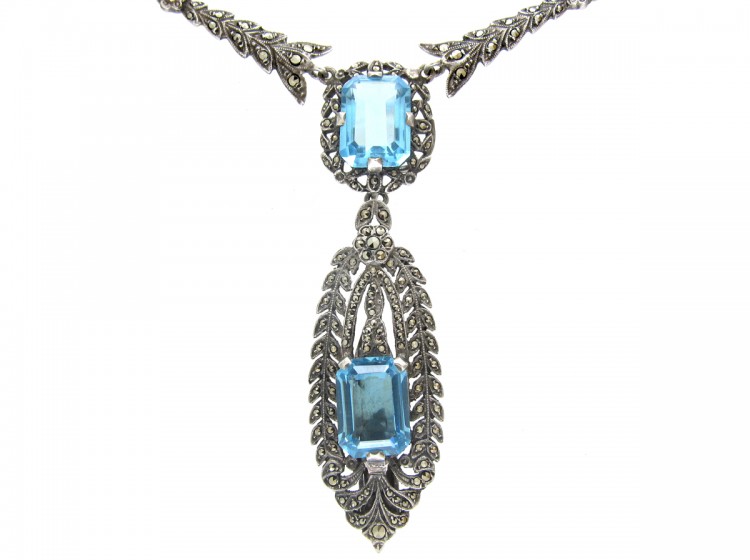 Silver, Marcasite & Blue Paste Clip Pendant on Necklace