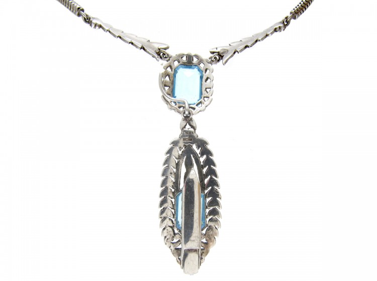 Silver, Marcasite & Blue Paste Clip Pendant on Necklace