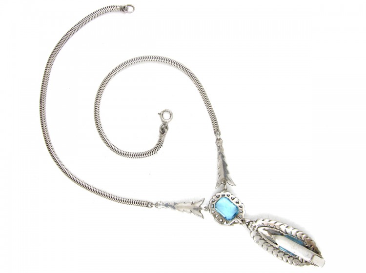 Silver, Marcasite & Blue Paste Clip Pendant on Necklace