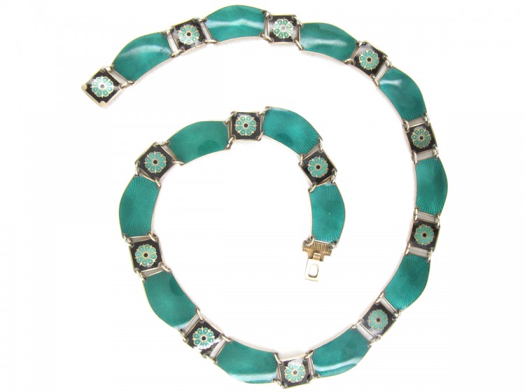 Norwegian Green & Black Enamel & Silver Art Deco Necklace