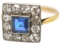 Art Deco 18ct Gold & Platinum Square Sapphire & Diamond Ring