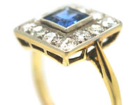 Art Deco 18ct Gold & Platinum Square Sapphire & Diamond Ring