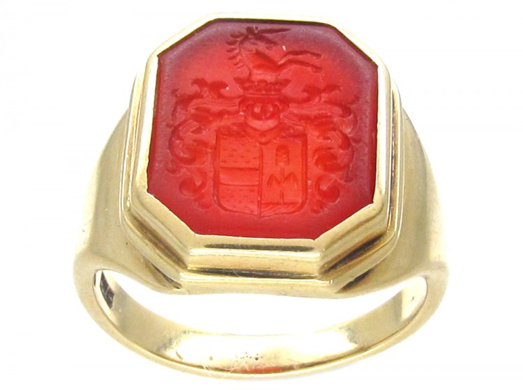 Carved Carnelian Intaglio Crest Signet Ring