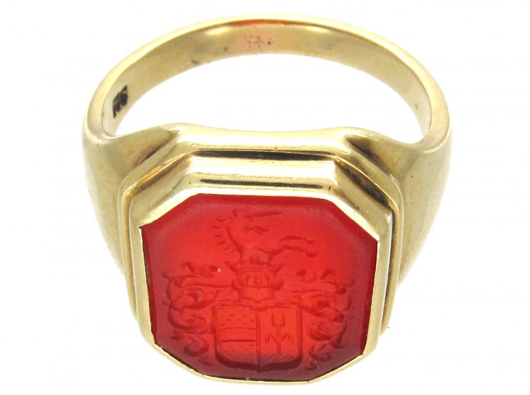 Carved Carnelian Intaglio Crest Signet Ring