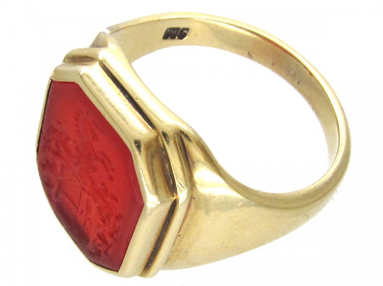 Carved Carnelian Intaglio Crest Signet Ring