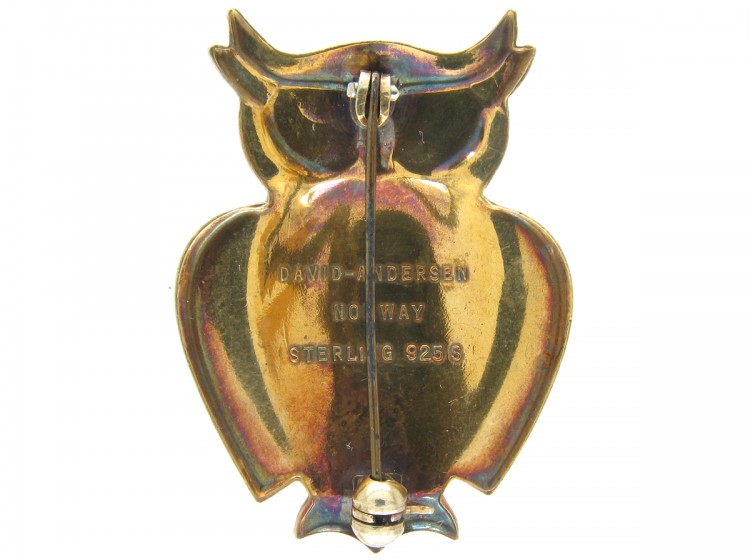 Silver Gilt & Enamel Owl Brooch by David Anderson