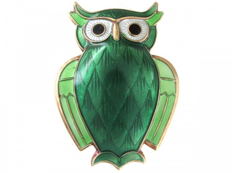 Silver Gilt & Enamel Owl Brooch by David Anderson