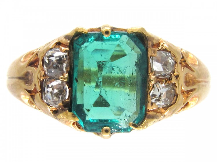 Victorian Rectangular Emerald & Diamond 18ct Gold Ring