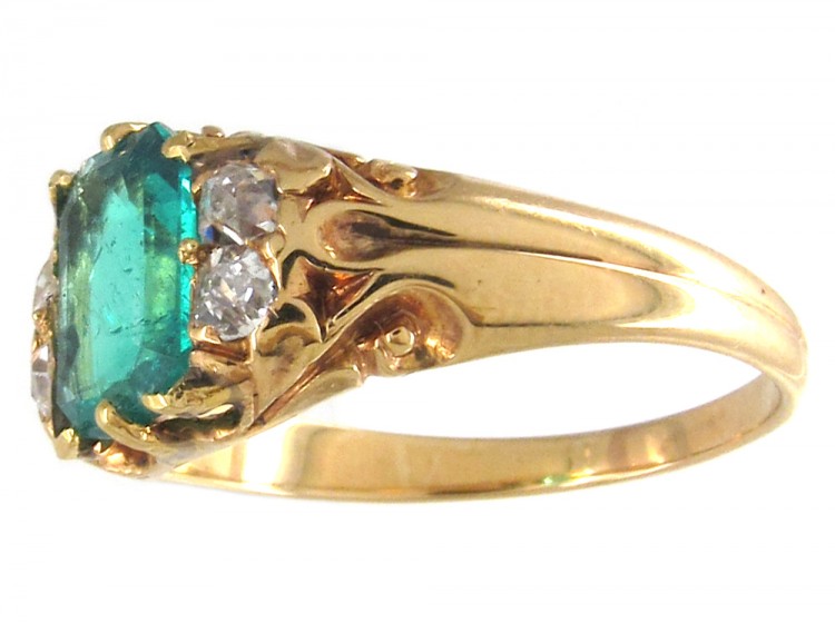 Victorian Rectangular Emerald & Diamond 18ct Gold Ring