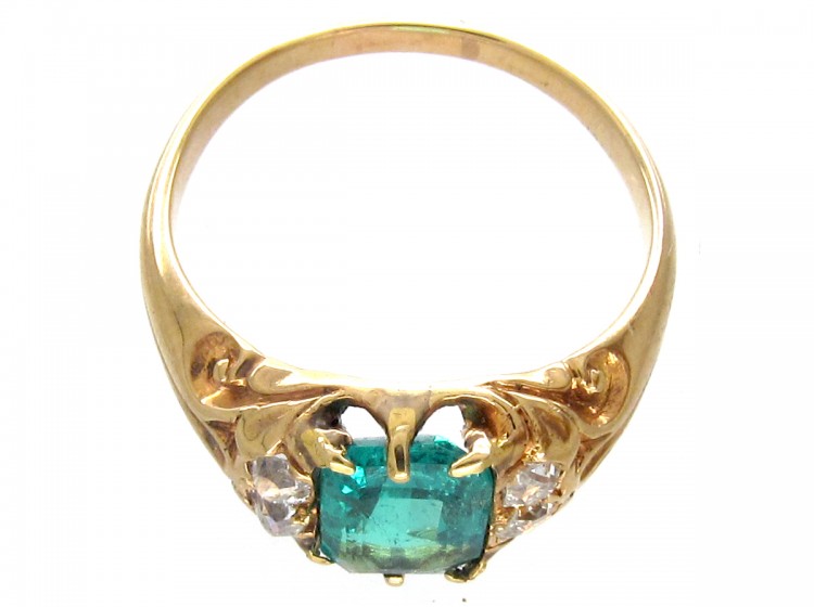 Victorian Rectangular Emerald & Diamond 18ct Gold Ring