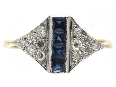 Art Deco Sapphire Stripe & Diamond Triangles Ring