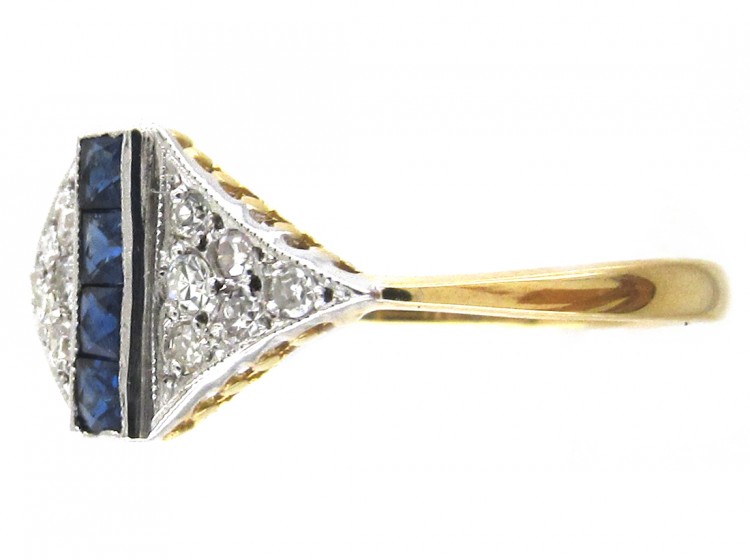 Art Deco Sapphire Stripe & Diamond Triangles Ring