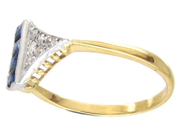 Art Deco Sapphire Stripe & Diamond Triangles Ring