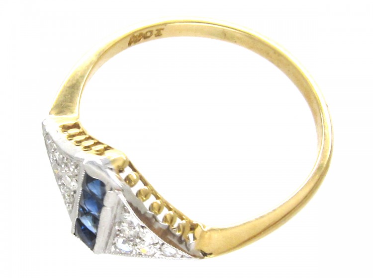 Art Deco Sapphire Stripe & Diamond Triangles Ring