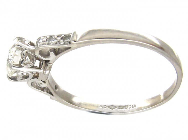 Art Deco Solitaire Ring with Diamond Set Scroll Shoulders
