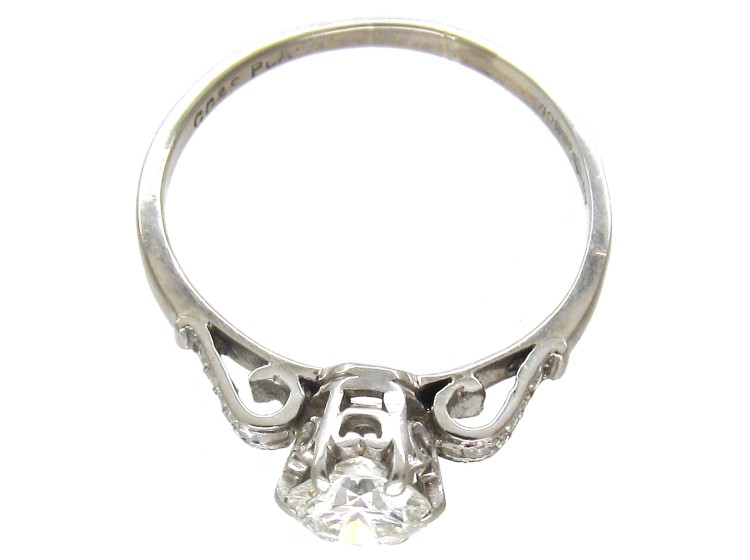 Art Deco Solitaire Ring with Diamond Set Scroll Shoulders