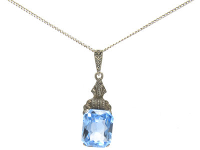 Art Deco Silver & Blue Paste Pendant on Silver Chain