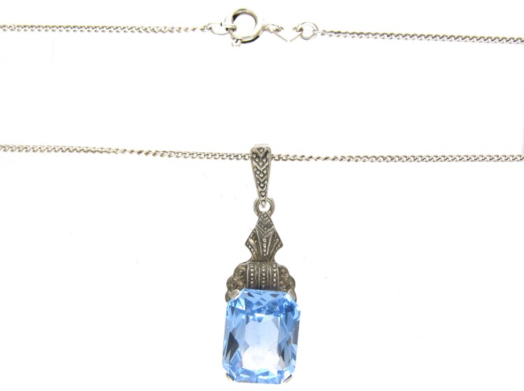 Art Deco Silver & Blue Paste Pendant on Silver Chain