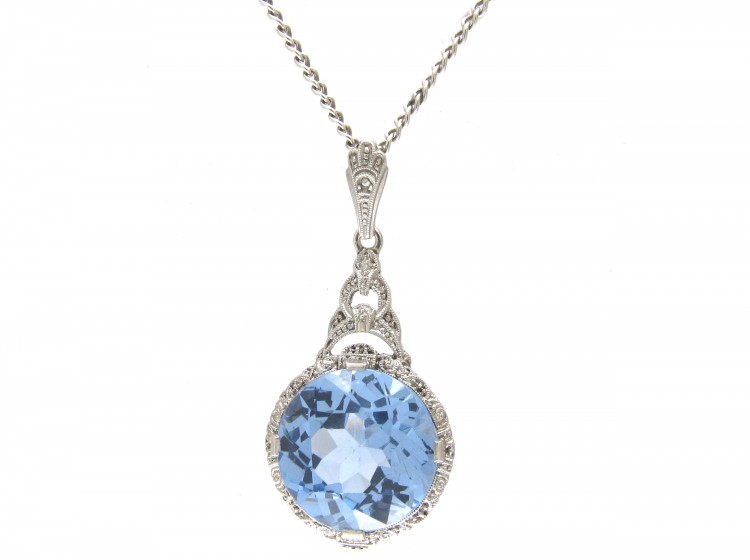 Art Deco Silver & Blue Paste Pendant on Silver Chain