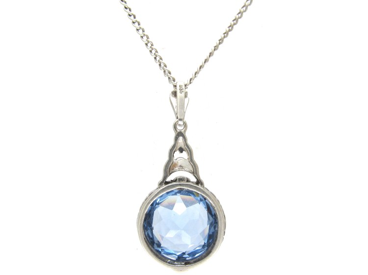 Art Deco Silver & Blue Paste Pendant on Silver Chain