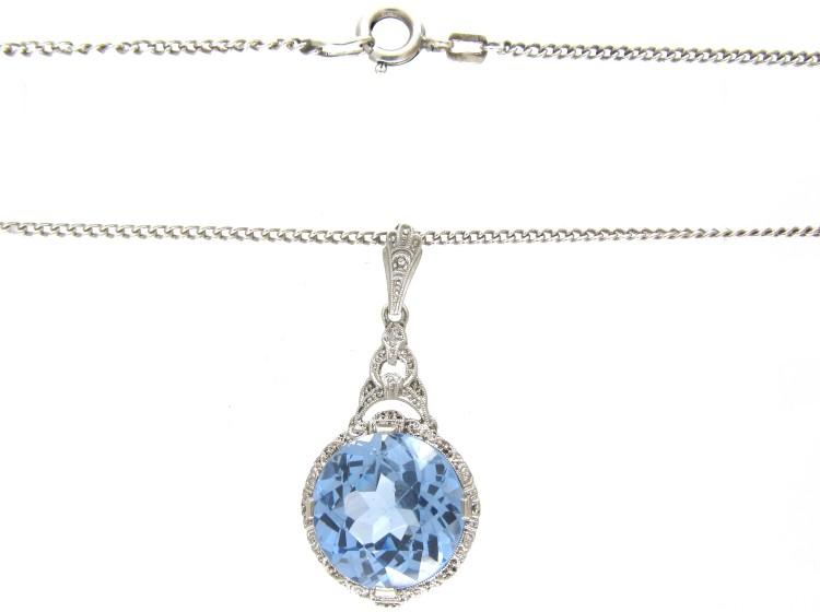 Art Deco Silver & Blue Paste Pendant on Silver Chain