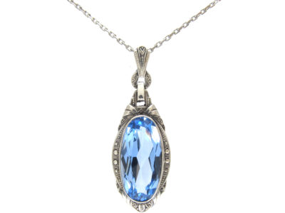 Art Deco Silver & Oval Blue Paste Pendant on Silver Chain