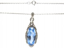 Art Deco Silver & Oval Blue Paste Pendant on Silver Chain