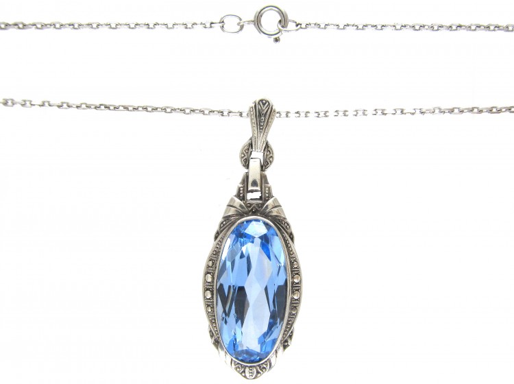Art Deco Silver & Oval Blue Paste Pendant on Silver Chain